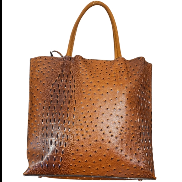 Ostrich Print Large Faux Leather Three-Piece Brown Tote Handbag - Picture 2 of 10